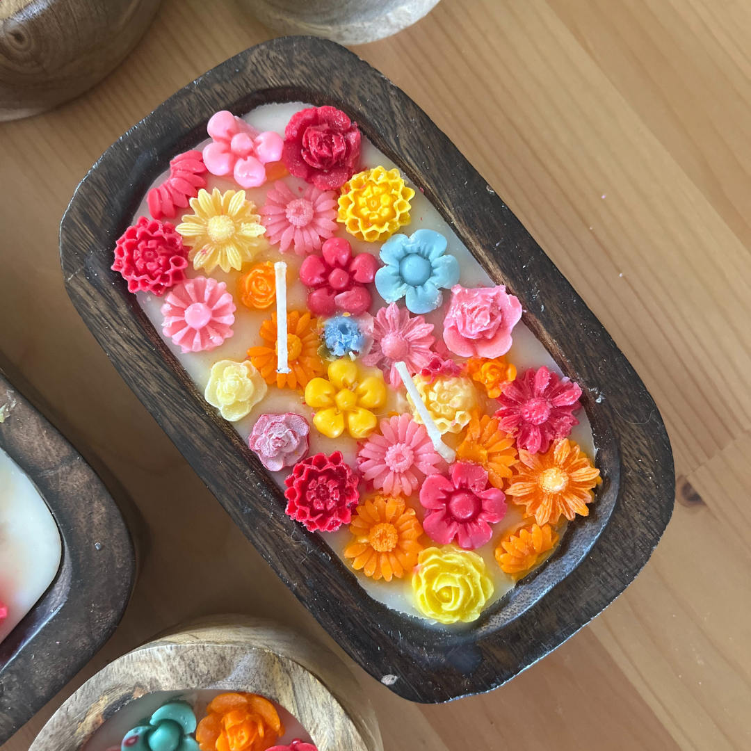 Floral Soy Candles in Wooden Bowl - Jasmine/ Rose Oud / Aqua